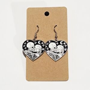 Gothic Heart Skeleton Earrings in Black and Silver